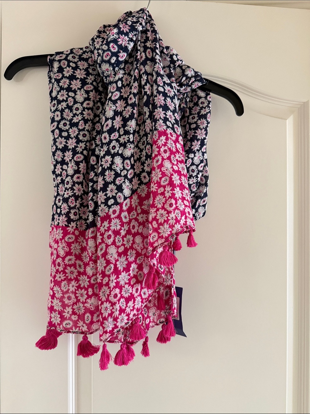Rebecca Minkoff Navy Scarf with Pink Floral Border Tassels